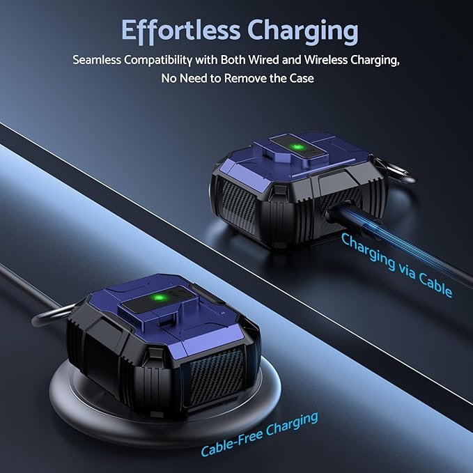 DASFOND Armor Earphone Cover Case for Airpods 4 Generation, Military Grade Full Body Shockproof Protection Hard Case, Support Wireless Charging with Keychain, Magnetic Lid, Front LED Visible, Blue