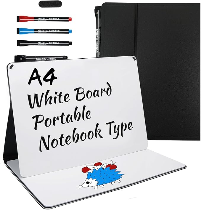 Small Portable White Board Dry Erase Notebook, 9" x 12" Double Sided Folding Whiteboards with 3 Pens, A4 Reusable Notebook with Storage Mesh Bag for Study, Meeting, Draft, Notes, Doodling
