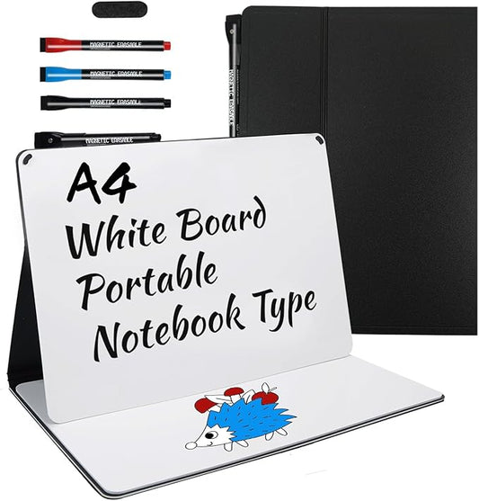 Small Portable White Board Dry Erase Notebook, 9" x 12" Double Sided Folding Whiteboards with 3 Pens, A4 Reusable Notebook with Storage Mesh Bag for Study, Meeting, Draft, Notes, Doodling