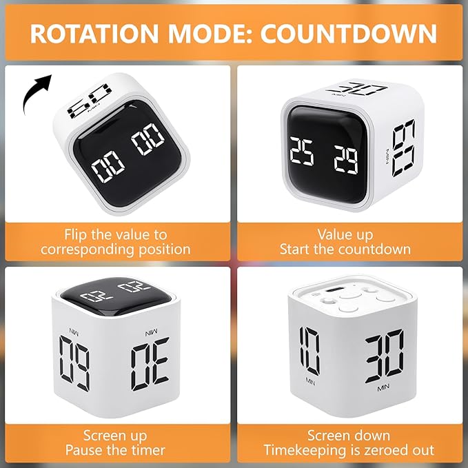 GuDoQi Multi-Function Cube Timer, 5/10/30/60 Min & Custom Count Down, Included Pause & Resume Feature, Silent, Vibrate & Adjustable Sound Alarm for Productivity in Tasks, Study & Kitchen, White