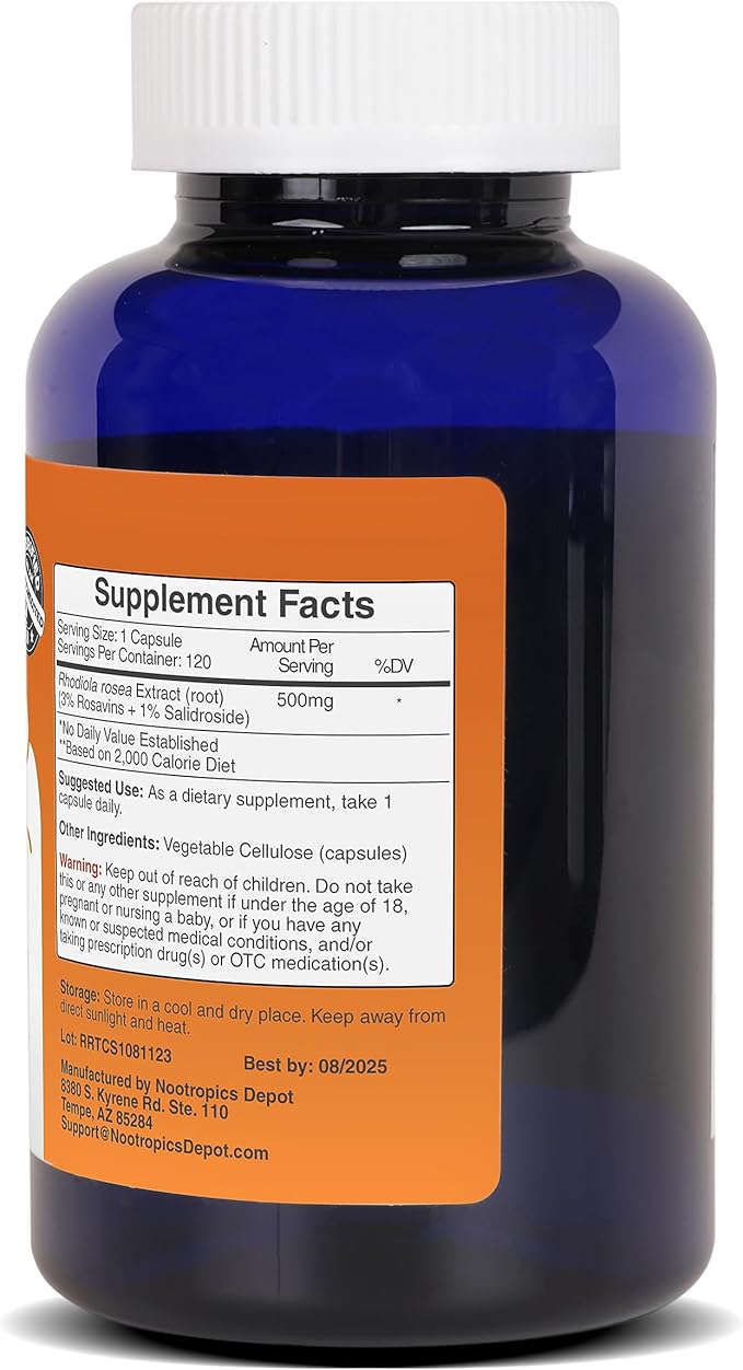Nootropics Depot Rhodiola Rosea Capsules | 500mg | 3% Rosavins | 120 Count | Adaptogen Herb | Ayurvedic Supplement