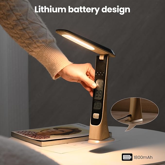 Rechargeable Cordless LED Desk lamp, dimmable Table lamp with Battery,Digital Clock,LCD,Date,Stepless Brightness Foldable Portable Lights for Home,Reading,Office (Brown)