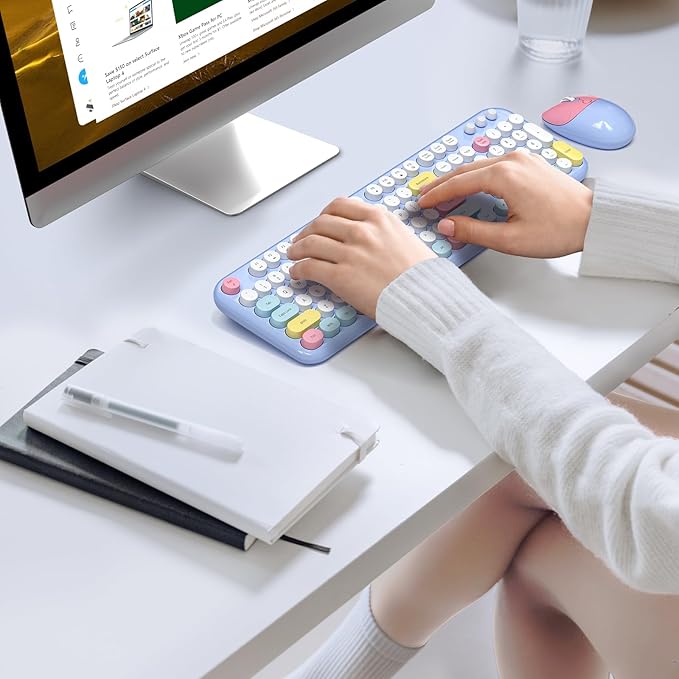 Wireless Keyboard and Mouse Combo for Windows, MOWUX 2.4G Full-Sized External Cordless Computer Keyboard, Compact Mouse, 8 Multimedia and Shortcut Keys, for PC, Laptop - Light Blue Colorful