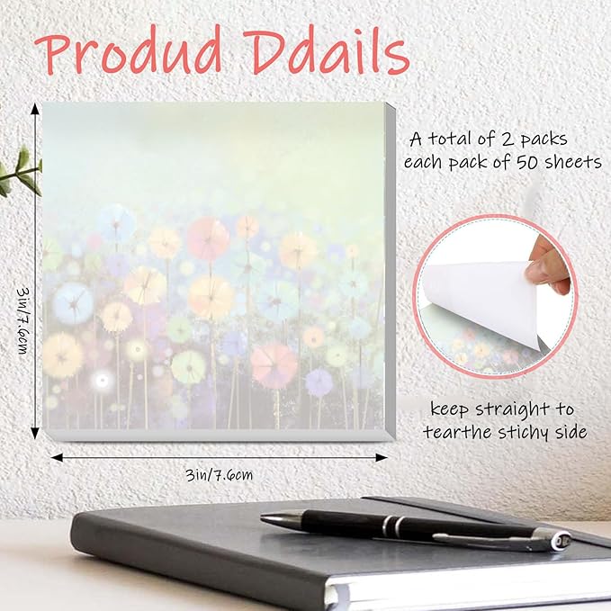 Sticky Notes 3x3 Inches, 2 Pads Cute Colorful Self-Stick Note Pads, Easy to Post for Home, Office and Daily Life Organization Watercolor Dandelion