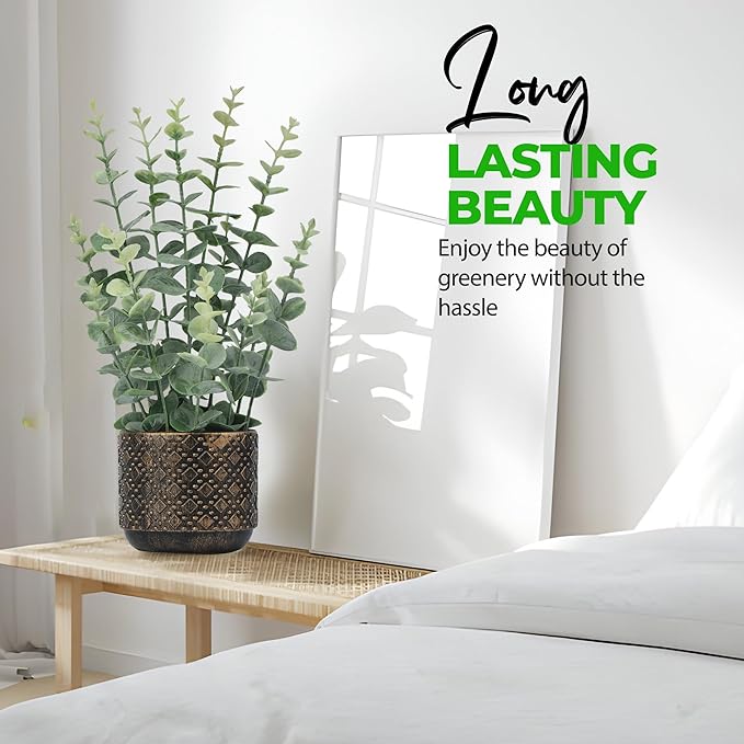 Artificial Plants Indoor Small, Mini Fake Potted Plants Faux Greenery for Shelf, Table, Bathroom and Kitchen Decor - Desk Plants for Office and Home Decoration (Eucalyptus Leaf)