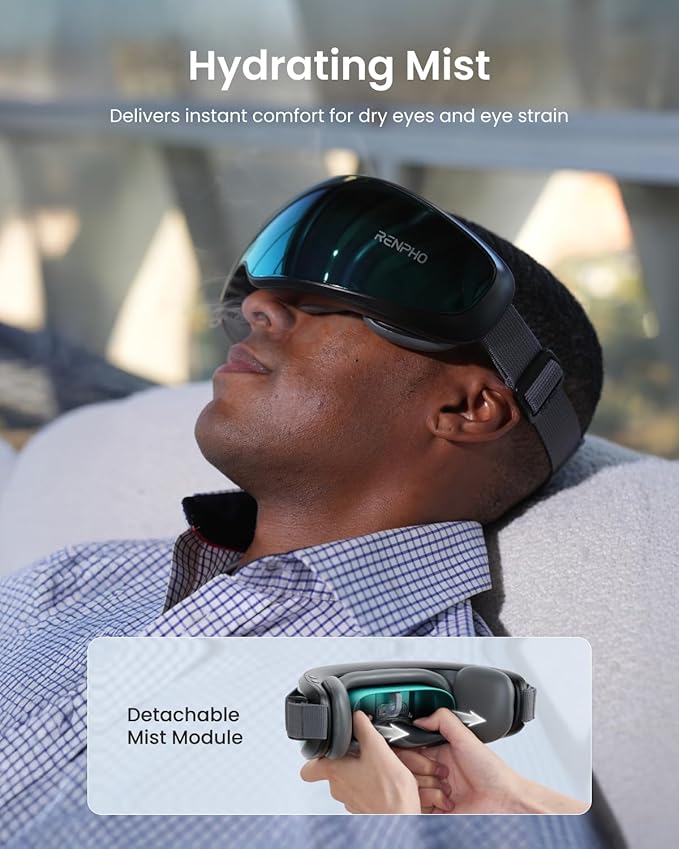 RENPHO Eyeris Caligo Eye Massager with Mist & Temple Massage, Slidable Temple Massager for Migraines, Birthday Gifts for Mom Dad Women Men Her Him, Eye Mask,Head Circumferences 21.7in to 27.5in