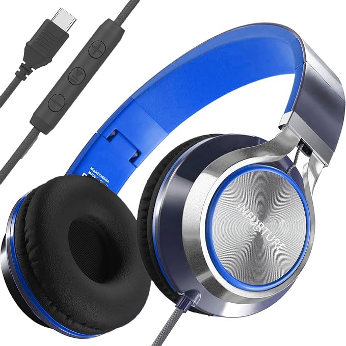 INFURTURE USB C Headphones with Mic & Volume Control, Wired Headphones Type C Only 191g Lightweight Foldable for Smartphone/Tablet, Plug-in Corded Headphone Over Ear (Blue