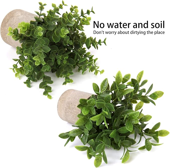 Briful Artificial Potted Plants Set of 2 Small Faux Plant Eucalyptus Mini Fake Plant Decor for Home Table Office Room Desk Bathroom Shelf Kitchen Rustic Farmhouse Mantel Decoration
