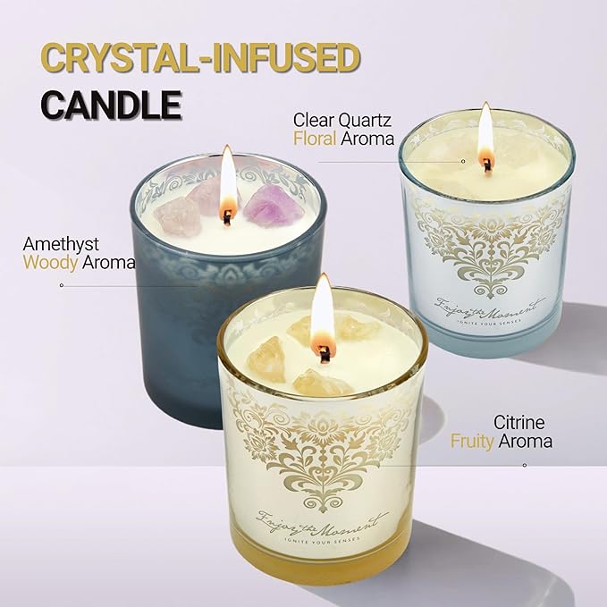 Luxury Scented Candles Gift Set – 3 Crystal Soy & Beeswax Aromatherapy Candle with Snuffer Lid & Wick Trimmer,7oz/each | Floral & Citrus Scents, Candle for Women, candles for home Scented & Relaxation