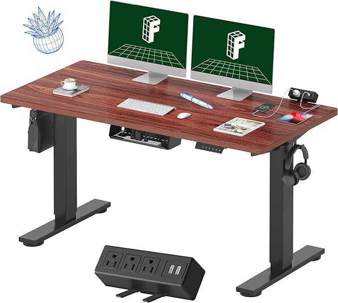 FLEXISPOT EN2 Whole-Piece Standing Desk with Clamp Power Strip, 55 x 28 Electric Stand Up Height Adjustable Desk with Cable Management (Black Frame + 55" Mahogany Top, 2 Packages)