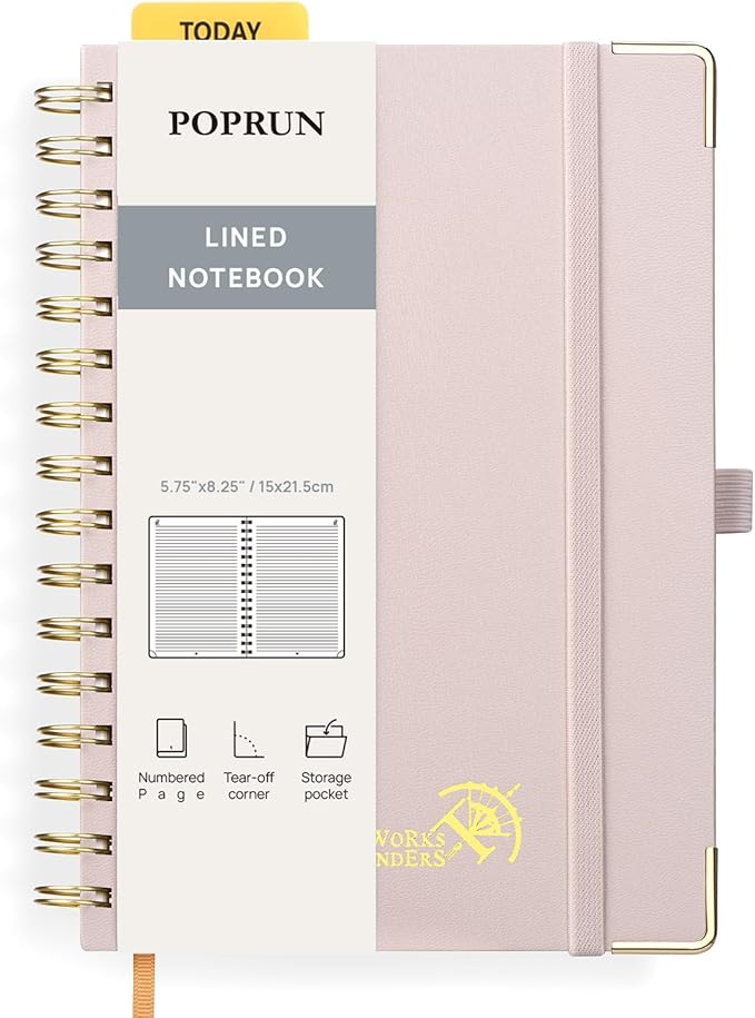 POPRUN Lined Spiral Journal Notebook, [A5-5.75'' x 8.25''] - 120 GSM Thick Paper, 141 Numbered Pages, College Ruled Notebook for Men & Women with Pocket, Index Tabs, 8 Perforated Sheets, Light Pink