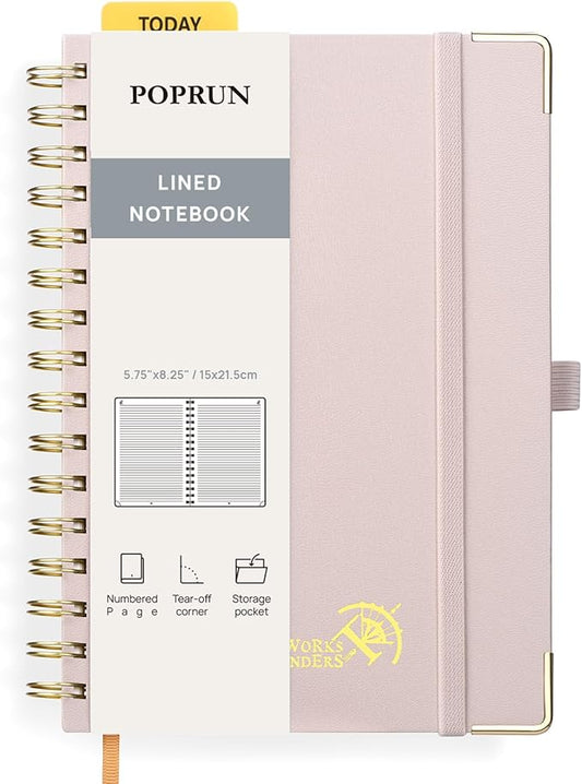 POPRUN Lined Spiral Journal Notebook, [A5-5.75'' x 8.25''] - 120 GSM Thick Paper, 141 Numbered Pages, College Ruled Notebook for Men & Women with Pocket, Index Tabs, 8 Perforated Sheets, Light Pink