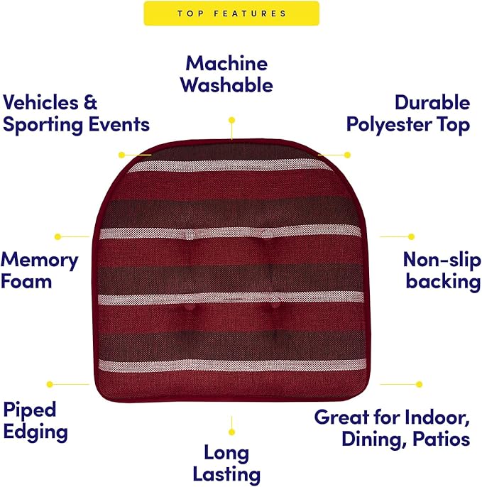 Sweet Home Collection Chair Cushion Memory Foam Pads Tufted Slip Non Skid Rubber Back U-Shaped 17" x 16" Seat Cover, 2 Count (Pack of 1), Bradford Burgundy