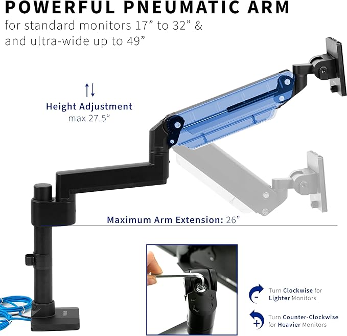 VIVO Premium Aluminum Tall Extended Monitor Arm for Ultrawide Monitors up to 49 inches and 33 lbs, USB Single Desk Mount Stand, Pneumatic Height Adjust, Max VESA 100x100, Black, STAND-V101GTU