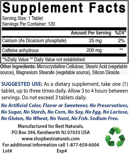 Best Naturals 3 Pack Caffeine Pills 200mg Tablets - Non Habit - Proven No Crash or Jitters - Total 360 Tablets