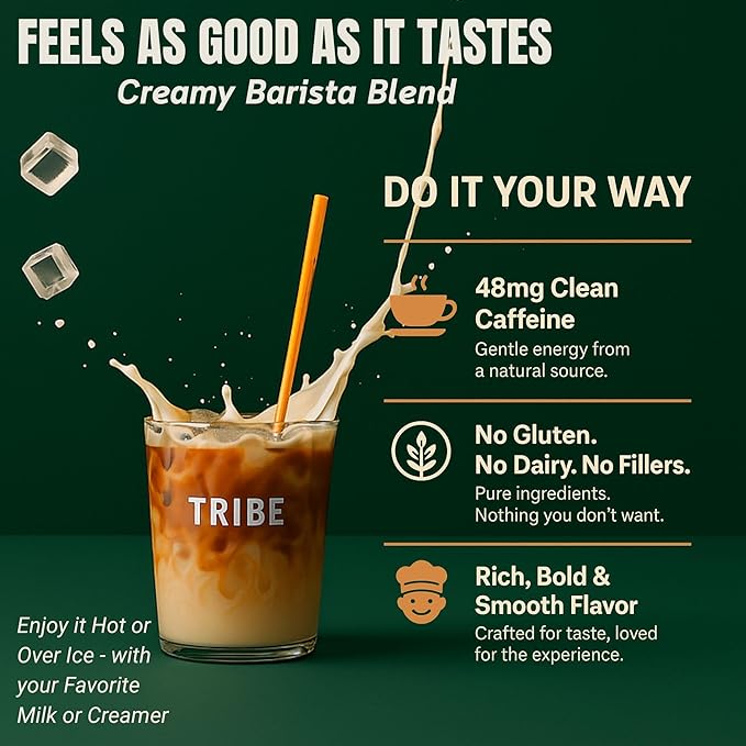 TRIBE 6 Mushroom Coffee + MCT Oil, Creamy Instant Barista Blend - Clean Daily Energy, Focus, Immune & Gut Support – 2000mg Adaptogenic Powder – USA-Grown - Lion’s Mane, Reishi, Turkey Tail – 30 Serv