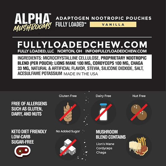 Fully Loaded Alpha Mushrooms - Adaptogen Nootropic Pouches (5-Pack, Mint) - - Lion's Mane, Cordyceps, & Chaga - 5 cans, 15 Pouches per can - Functional Mushrooms - Made in The USA