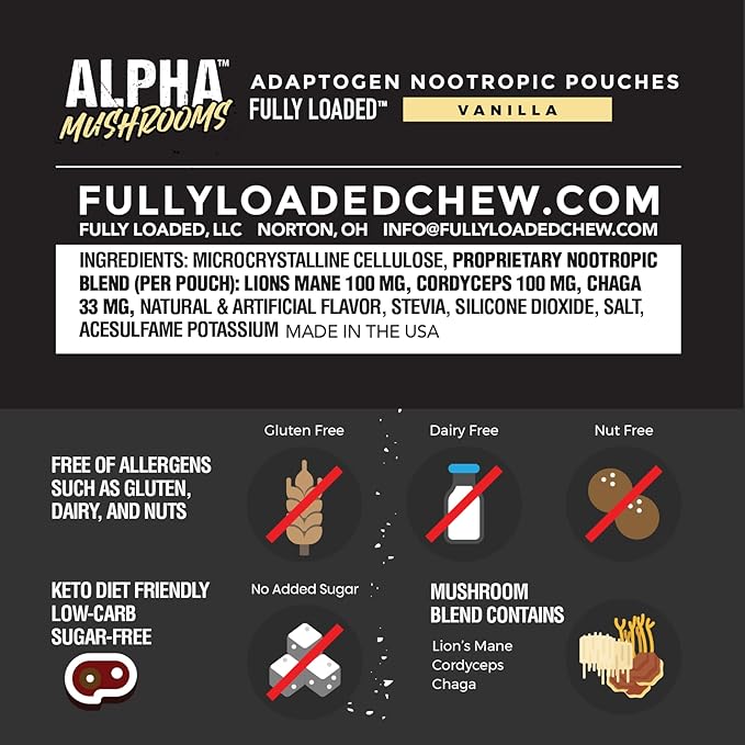 Fully Loaded Alpha Mushroom Pouches - Adaptogen Nootropic Pouches (5-Pack, Vanilla) - Lion's Mane, Cordyceps, & Chaga - 5 cans, 15 Pouches per can - Functional Mushrooms - Made in The USA