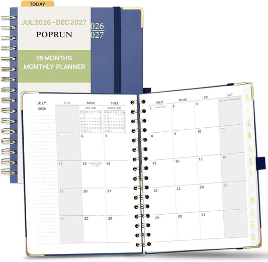 POPRUN Monthly Planner 2026-2027 Spiral Hardcover (6.25'' x 8.5''), 18 Months Calendar (Jan.2026-Jun.2027) - 2 Pages per Month with Dotted Note Pages, Sunday Start, Laminated Tab - Navy Blue