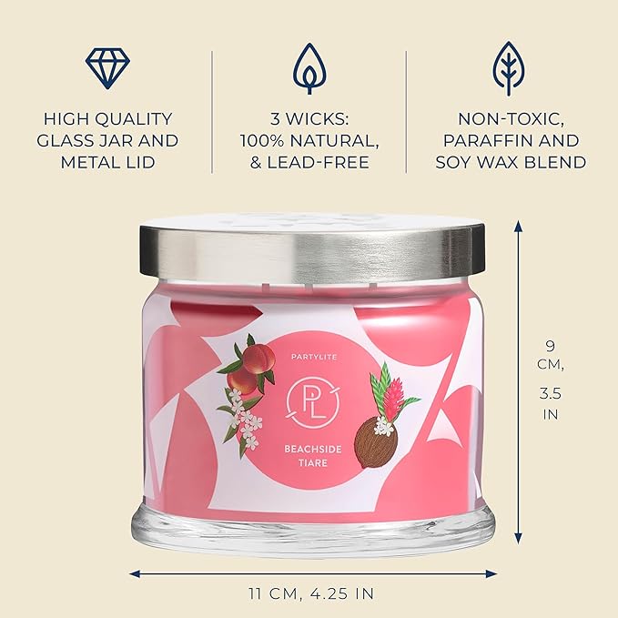 PartyLite Beachside Tiare Scented, Notes of Gardenia, Coconut, Red Hibiscus, Peach & Ylang Ylang, 13.2oz 3-Wick Jar Candle, 45 Hour Burn Time, Luxurious Fragrance, Ideal for Gifting