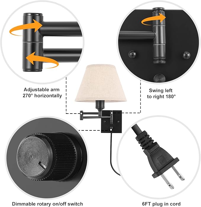 TRLIFE Wall Sconce Plug in, Dimmable Wall Sconces Set of Two Swing Arm Wall Lights with Plug in Cord and On/Off Dimmer Rotary Switch, 9.4" Medium Beige Fabric Shade(2 Pack, 2 Bulbs)