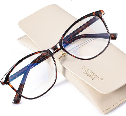 Madison Avenue Blue Light Blocking Glasses Anti Eyestrain UV Glare Blue Light Glasses for Women with Case, TV Phone Computer Gaming Eyeglasses (Demi)