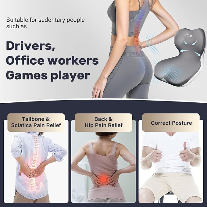 Coverado Seat Cushion and Lumbar Support Pillow One Piece for Car Office Chair, Ergonomic Memory Foam Desk Chair Cushion Back Support Pillow, Sciatica & Back & Tailbone Pain Relief Cushion-Gray