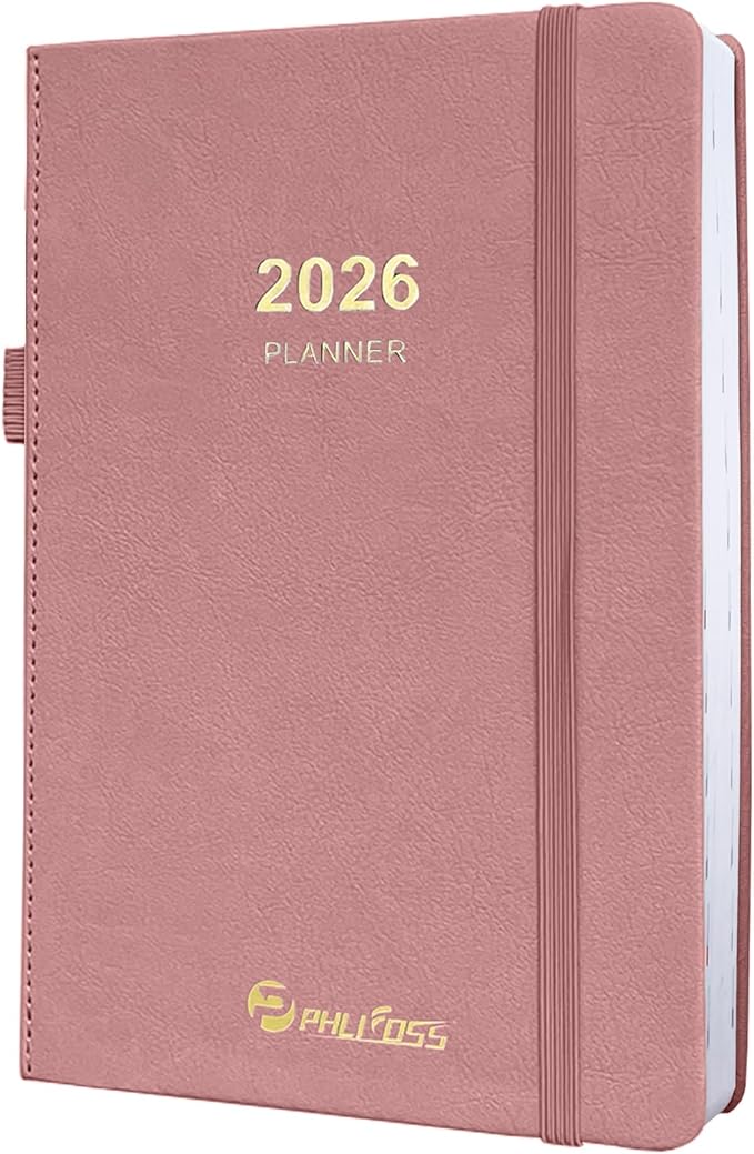 2026 Daily Planner/Calendar, One Page Per Day, Daily Monthly Agenda Planner with Time Slots and Monthly Tabs, Jan - Dec 2026, 5.7" x 8.25" Appointment Book, Pen Holder, Leather Cover (2026-Pink)