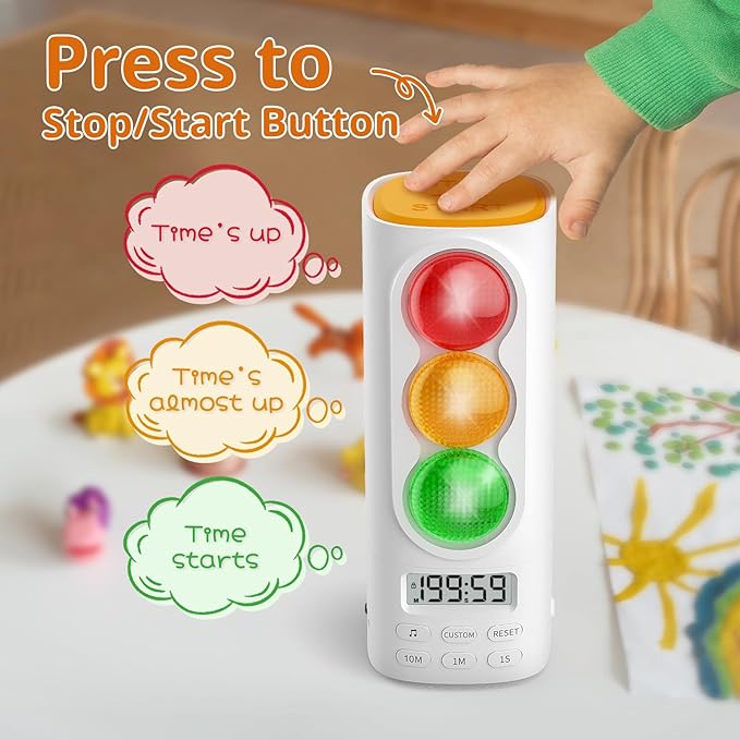 Traffic Light Visual Audio Digital Timer, LCD Display Volume Adjustment, with 4 Ringtones for Kids Classroom Home Kitchen Game Countdown Pause Memory Function Charger Type C Cable Included