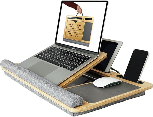 Bamboo Laptop Lap Desk with Cushion, Angle Adjustable Laptop Computer Stand Bed Desk, Portable Lap Desk w/Handles, Tablet & Phone Holder, Mouse Pad & Shields Heat (Grey)