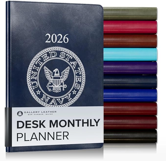 Gallery Leather Desk Monthly Planner 2025-2026, Elegantly Bound Calendar Planner and Notebook with Stylish Gold-Gilded Page Edges, 18 Months - Acadia Navy - US Navy - 8x5.5”