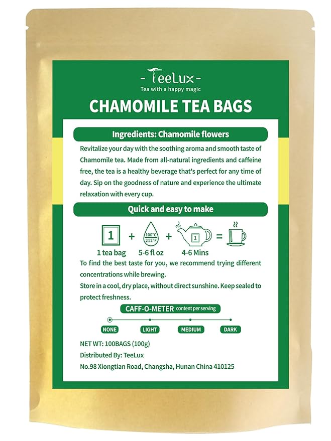 TeeLux Chamomile Tea Bags, 1g/bag, Natural Chamomile Flowers Tea, Mild & Smooth Taste, Caffeine Free, 100 Count