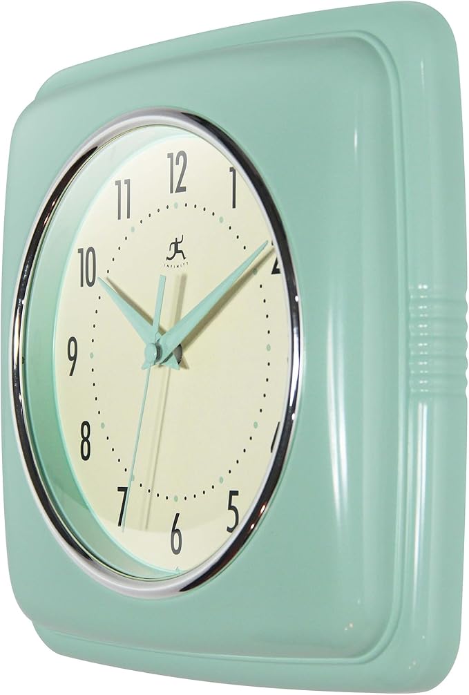 Infinity Instruments Square Retro Wall Clock, Pastel Green, 9.25"