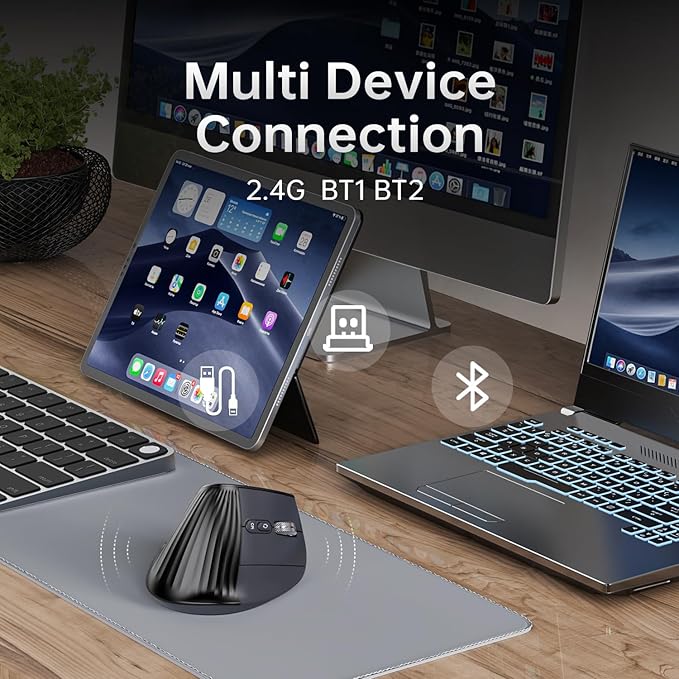 Ergonomic Vertical Mouse Wireless, Bluetooth Ultra-Fast Scrolling 4800 DPI Rechargeable Ergo Mouse, 2.4G Quiet Clicks 6 Buttons RGB Optical Mice, 3 Multi-Device Connectivity for Mac, Laptop - Black