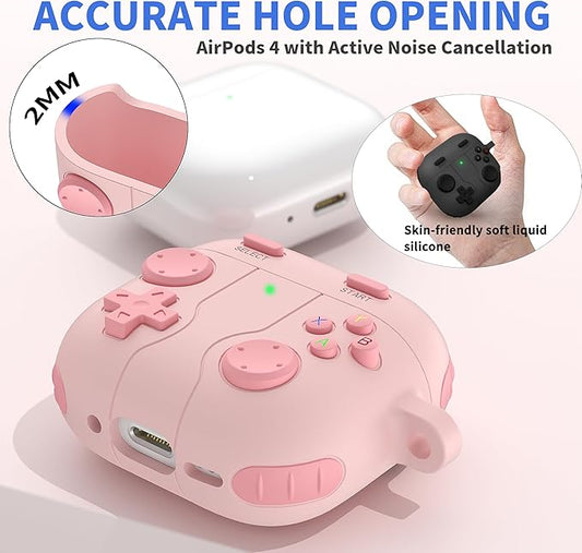 DamonLight Game Case for AirPods 4 Cover Shock-Proof Protective Silicone Case with Cleaning Pen and Keychain Accessories for Apple Airpods 4th Generation (Pink)