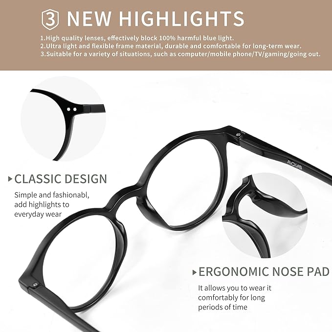 Blue Light Blocking Glasses Round Retro Computer Gaming Glasses Women Men UV Protection AB3303 (Black)