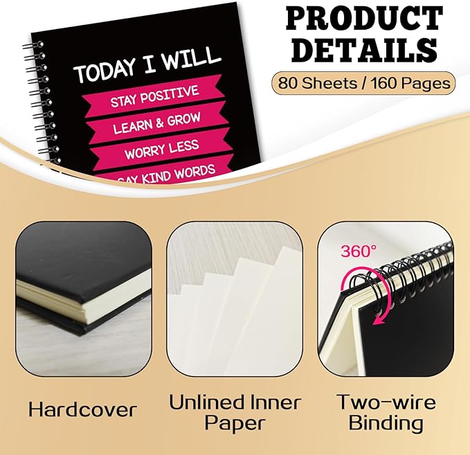 YAZMEEN Inspirational Blank Spiral Notebook（160 Pages） Today I Will Hardcover Notebook Mental Health Awareness Gift College Encouragement Gift Funny Journal Gift for Colleague Friend Teacher Student