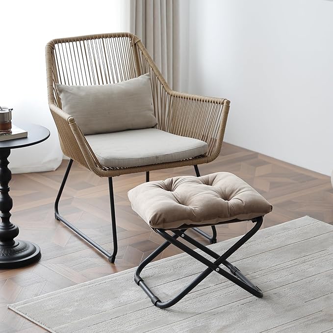 LITA Folding Footrest Stool, Portable Ottoman Foot Rest, Upholstered Small Foldable Ottoman Stool with Detachable Thick Cotton Cushion Padded Sofa Stool for Living Room, Bedroom, Khaki