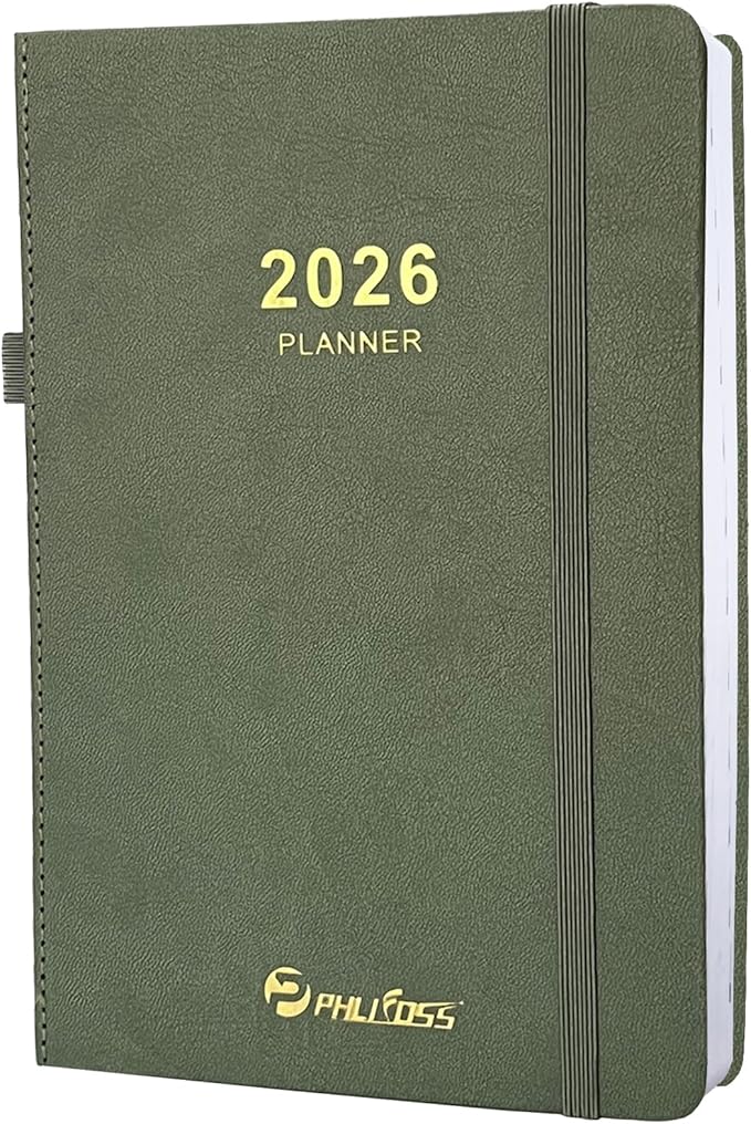 2026 Daily Planner/Calendar, One Page Per Day, Daily Monthly Agenda Planner with Time Slots and Monthly Tabs, Jan - Dec 2026, 5.7" x 8.25" Appointment Book, Pen Holder, Leather Cover (2026-Green)