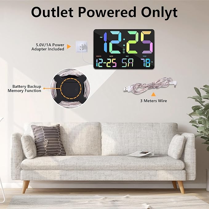 Amgico RGB Digital Alarm Clock with Snooze,Temperature,Auto Dimming,11.5" Large Display Calendar,Desk/Wall Clock for Bedroom,Living Room,Office,Home,Classroom,Kids,Elderly-Black