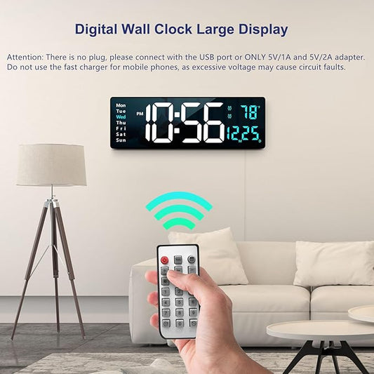 16.2 Inch Large Display Wall Clocks, LED Digital Clock with Remote Control for Living Room Decor, Automatic Brightness Dimmer Clock with Date Week Temperature (Blue)