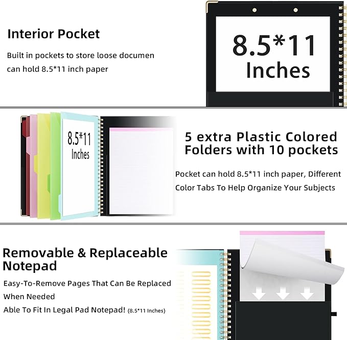 Ospelelf Clipboard with Storage 8.5 X 11，Padfolio Organizer, Spiral Portfolio Letter Size with Notepad, Pen Holder, 5 Extra Folder Divider Pages, Elastic Closure Nurse Office Essentials (Black)