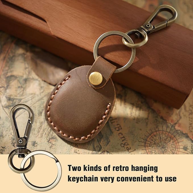 Genuine Leather Airtag Holder, Portable Air Tag Keychain with Key Rings Full Coverage Air Tags Hidden Case Cover Compatible for AirTags White