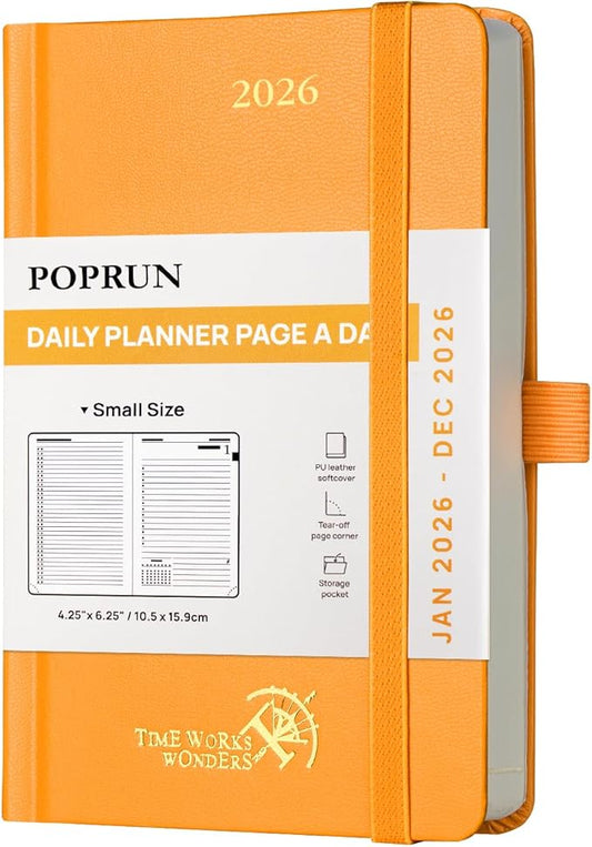 POPRUN 2026 Daily Planner One Page Per Day A6 Size Calendar (4.25" x 6.25") - 12 Months Hourly Appointment Book with Hardcover, Monthly Tabs, Pocket, Pen Holder - Orange