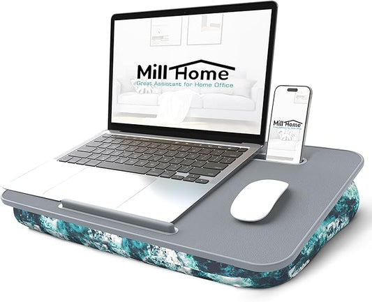 Lap Desk, Lap Desk with Cushion, Fits up to 15.6-inch Laptop, Pillow Designed, Portable Laptop Stand with Tray, Pad & Phone Holder, Home Office for Bed/Couch/Car/Reading/Writing, MillHome (S, Waves)