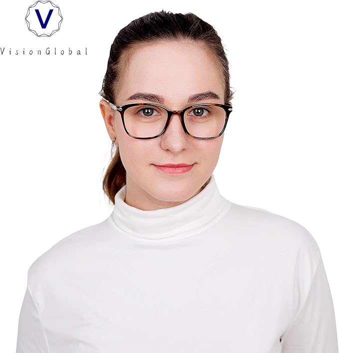 VisionGlobal Blue Light Blocking Glasses for Women, Anti Eyestrain, Computer Reading, TV Glasses, Stylish Square Frame, Anti Glare(Brown Tortoise,+1.25 Magnification)