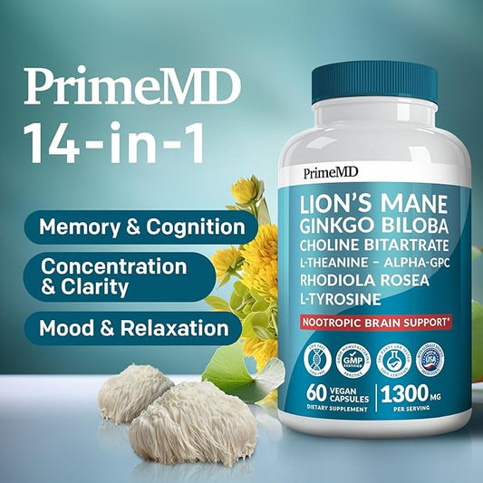 14-in-1 Lions Mane Supplement Capsules - Nootropic Brain Supplement with Ginkgo Biloba for Brain Support, Memory and Focus - Alpha GPC, L Theanine & Choline Supplements with 1300mg Per Serving (60 ct)