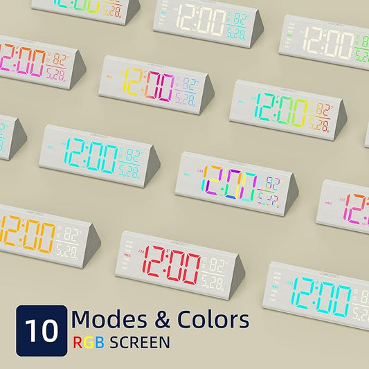 Solid Wood Digital Alarm Clock for Bedroom - 8.8 Inch Large Display for Living Room, See Time Instantly! Multicolor Backlight Time Display, Dual Alarms, Date/Temp/Day, DST, Snooze (White)