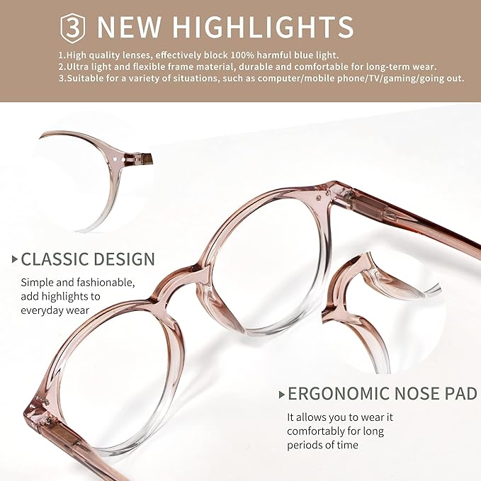 Blue Light Blocking Glasses Round Retro Computer Gaming Glasses Women Men UV Protection AB3303 (Brown)