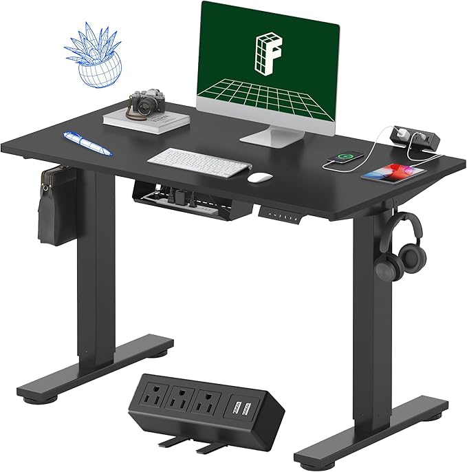 FLEXISPOT EN2 Whole-Piece Standing Desk with Clamp Power Strip, 40 x 24'' Electric Stand Up Height Adjustable Desk with Cable Management (Black Frame + 40" Black Top)